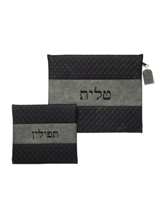 טל רקום דמוי עור שחור ואפור... | תיקי טלית ותפילין